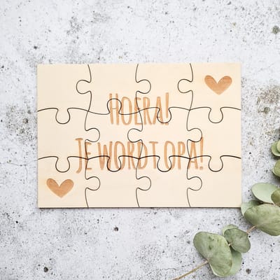 Houten puzzel A5 | Zwangerschapsaankondiging | Hoera! Je wordt opa!