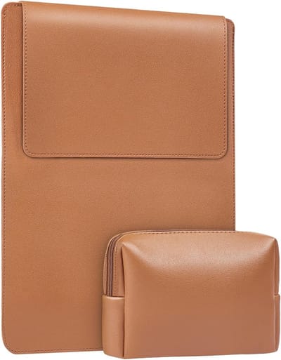 Slanke laptophoes voor 15-16 inch laptops met standaardfunctie, PU-leer, veelzijdig en met accessoirevak