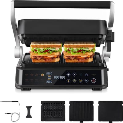 XL Contactgrill 6-in-1 met Temperatuursensor en GrillBoost | Elektrische Grill met 4 Platen voor Steak, Wafels & Panini