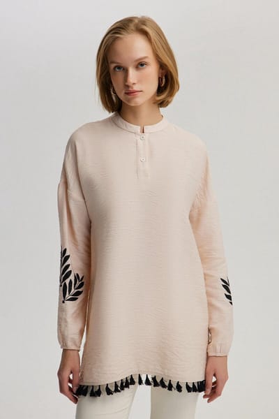 Touché Privé - Blouse met bladprint en kwastjes - Crème - Dames