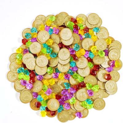 300 stuks piraten gouden munten en piraat edelstenen sieraden speelset pack party gunst. (150 munten+150 edelstenen)