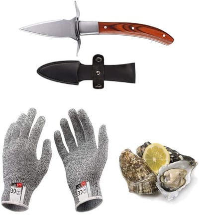 TIM® Oestermes - Oesterset - Oestermes en Handschoen - Hout - Bruin - 17cm x 1cm x 2cm