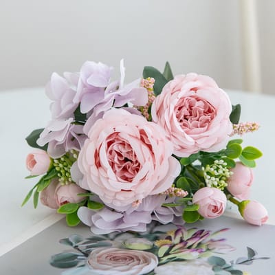 1 pièce Fleur Artificielle Bleue Hortensia Faux Pivoine Fleurs en Soie Bouquet de Roses pour Décoration de Maison Mariage Bouquet de Mariée, Saint-Valentin 1 Pc rose