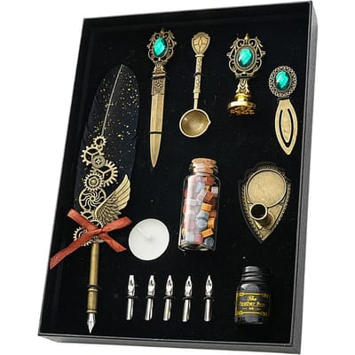 Vintage veerpen en inktset, luxe metalen veerpen met tandwiel, decoratief met penhouderbasis, 10 ml