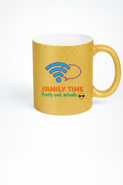 Family Time Mok 330ml – Gouden Keramische Koffiemok met WiFi Geïnspireerd Design – Grappig Familie & Tech Cadeau