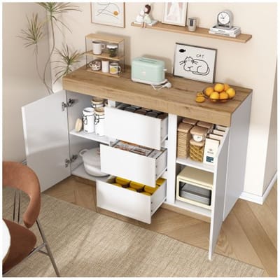 Commode - MUVOE - 3 Lades - 2 Deuren - Spaanplaat E1 - Wit + Eiken wit