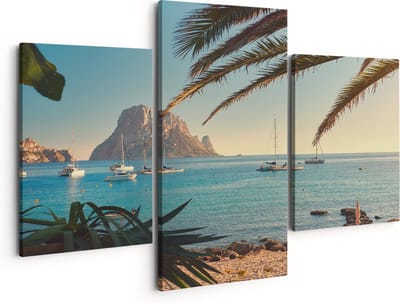 Artaza Canvas Schilderij Drieluik Ibiza Cala d'Hort Strand - 150x120 - Groot - Foto Op Canvas - Canvas Print