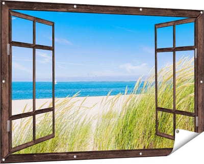 Gards Tuinposter Doorkijk Strand en Zee met een Zeilboot - 150x100 cm - Tuindoek - Tuindecoratie - Wanddecoratie buiten - Tuinschilderij