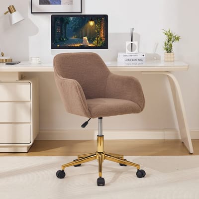 Intebiki bureaustoel - gaming stoel - ergonomische bureaustoel - bureaustoelen voor volwassenen - Teddy fleece stof - In hoogte verstelbaar - 360° draaibaar - Gouden poten - Geschikt voor kantoor en thuiswerkplek - Khaki