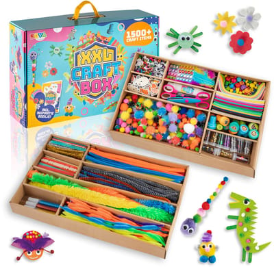 Knutseldoos XXL - 1500+ Knutselitems - Knutselpakket voor Kinderen - Inclusief Inspiratieboekje, Glitter, Vilt, Pijpenragers, Foam, Stempels & Veilig Scharen - Creatieve Knutselkoffer 3+ Jaar - Joya Creative