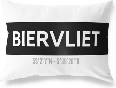 Tuinkussen BIERVLIET - ZEELAND met coördinaten - Buitenkussen - Bootkussen - Weerbestendig - Jouw Plaats - Studio216 - Modern - Zwart-Wit - 50x30cm