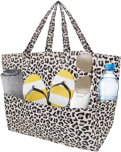 Grote Strandtas voor het Gezin, XL Sporttas met Mini Badtas, Perfect voor Reizen, Winkelen en Dagelijks Gebruik in Zwart en Luipaardprint