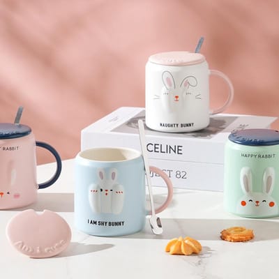 Cartoon Schattig Schattig Huisdier Keramische Kop met Deksel Lepel Mok Huishoudelijk Set van Waterbeker Grote Capaciteit Creatieve Cadeaubeker 450ML white
