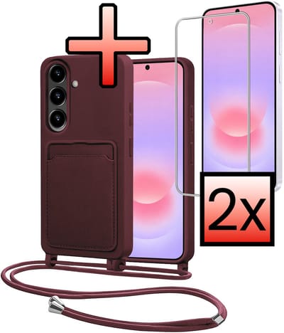 Hoes Geschikt voor Samsung A37 Met Telefoonkoord Met 2x Screenprotector - Siliconen Hoesje Backcover Met Ketting - Aubergine
