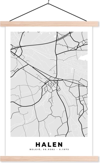 Posterhanger incl. Poster 40x60 cm - Schoolplaat - Zwart Wit – België – Plattegrond – Stadskaart – Kaart – Halen - Textielposter - Blanke latten - Stadskaart