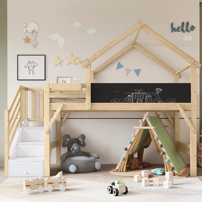 Kinderbed met Valbeveiliging en Leuning 90x200cm, Uniek Dakontwerp, Beschilderbaar Krijtbord, met 3 Kastjes in de Trap, Grenenhout + MDF + Multiplex, Wit + Naturel