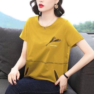 T-shirt voor Dames in Zomer Groot Maat Korte Mouwen Ronde Hals Nieuwe Geborduurde Casual Top voor Moeder van Middelbare Leeftijd 4XL yellow