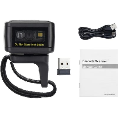 Scanner de codes-barres 2D Portable Doigt Main Portable Anneau Portable Lecteur de codes-barres 1D 2D Connexion Sans fil BT+2.4G et Filaire noir