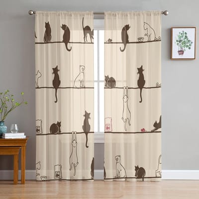 Grappige Katten Tule Transparante Raamgordijnen Voor Woonkamer De Slaapkamer Moderne Chiffon Voile Organza Gordijnen Decoratie Draperieën 135W x 114H(cm)