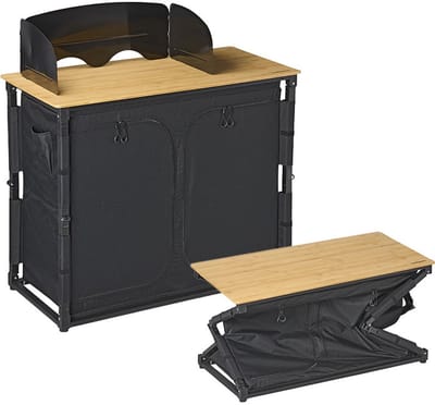 Campout Keukenblok - 100 x 49 x 82,5 cm - Opvouwbare Campingkeuken - Inklapbare Kampeerkeuken - Campingkast - Ruimte voor Gasfles - Inclusief Draagtas - Bamboe