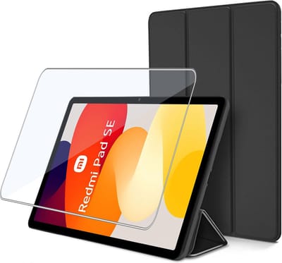 Geschikt voor Xiaomi Redmi Pad SE - Tablet hoes + Screenprotector – Gehard Glas Cover - Shock Proof Hoesje - Zwart