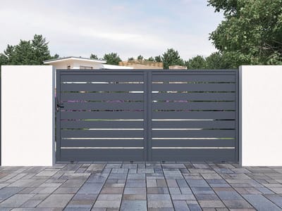 Vente-unique Schuifpoort van opengewerkt aluminium L374 x H180 cm antraciet - PRIMO