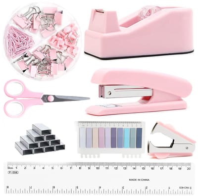 KZQ Roze kantoorset - Bureauaccessoires met perforator plakbandhouder schaar paperclips spijkers en liniaal - Complete set voor thuis en kantoor - Cadeau voor studenten en professionals