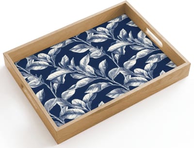 Dienblad hout 40x30 cm - Schootdienblad - Botanisch - Patroon - Blauw - Borrelplank rechthoek - Plateau dienbladen