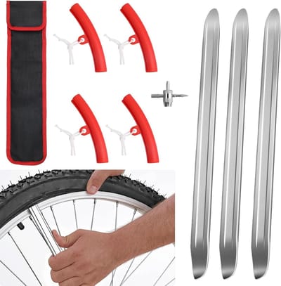 Set van 3 bandenlichters en 4 bandenwisselhefbomen met beschermstrip en opbergtas voor motorfiets en fiets