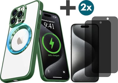 Hoesje met Privacy Screenprotectors 2 Stuks Geschikt voor iphone 15 Pro Max Hoesje - Geschikt voor MagSafe - Arara siliconen Backcover - Groen