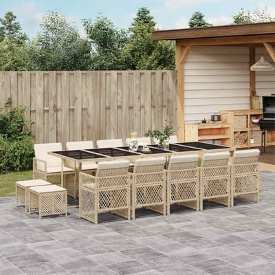 vidaXL - 15-delige - Tuinset - met - kussens - poly - rattan - beige