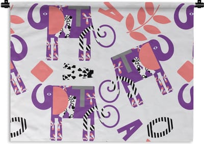 Wandkleed - Wanddoek - Olifanten - Bladeren - Paars - Patroon - 60x45 cm - Wandtapijt