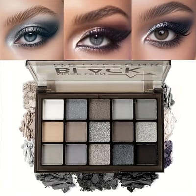 15-tinten Smoky Eyeshadow Palette Langdurige, sterk gepigmenteerde oogschaduw met veelzijdige matte en glitterfinishes, punkzwarte en grijstintenkleuren