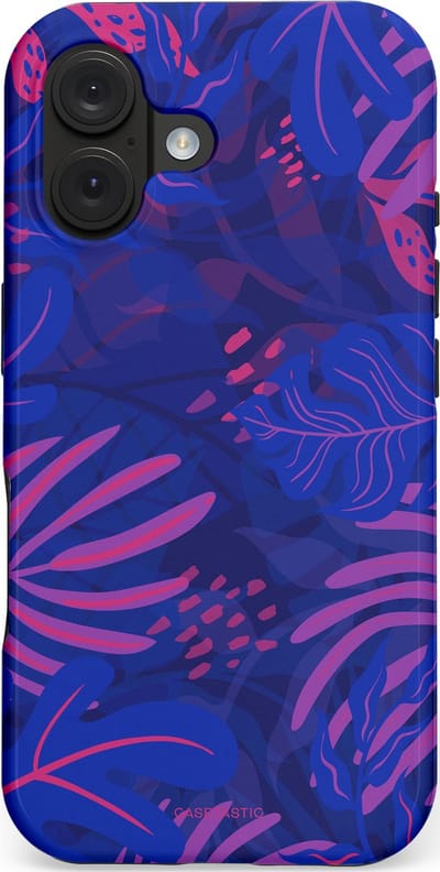 Casetastic hoesje geschikt voor Apple iPhone 16 - MagSafe - Dubbellaagse bescherming - Neon jungle blad - Fashion Case - Donkerblauw Lavendel Roze