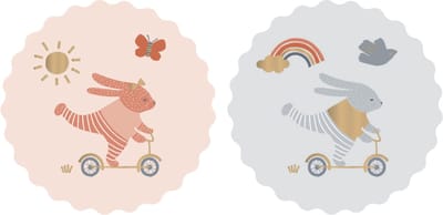 30 Cadeaustickers: Konijntjes op step - Ronde sticker 55 mm - Cadeauversiering- Sluitzegel- Traktatiesticker- Wensetiket