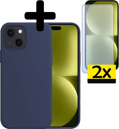 Hoesje - Met 2x Screenprotector - Geschikt voor Apple iPhone 15 - Sterk & Shockproof - Back Cover - Siliconen Case - Telefoon Hoes - Telefoonhoesjes - Donkerblauw