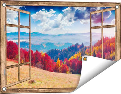 Gards Tuinposter Doorkijk Kleurrijke Herfstbos met Heuvellandschap - 60x40 cm - Tuindoek - Tuindecoratie - Wanddecoratie buiten - Tuinschilderij
