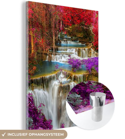 MuchoWow® Glasschilderij 30x40 cm - Schilderij acrylglas - Waterval - Roze - Bomen - Foto op glas - Schilderijen
