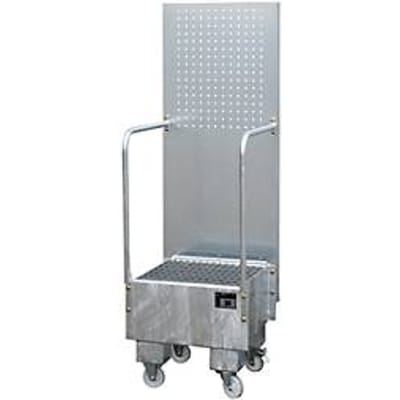 Verrijdbare lekbak met geperforeerde plaatwand, van staal, capaciteit 1 x 60 liter vat, gegalvaniseerd