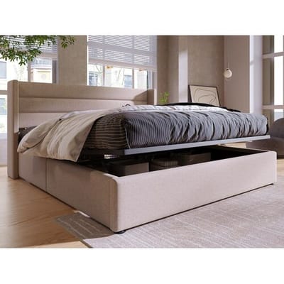 Merax Opbergbed 160 x 200 cm voor volwassenen - linnenstof - lattenbodem - beige