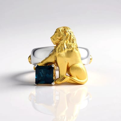 Cavill - 925 Sterling Zilver Ring - Palladium - 1,715 ct London Blauwe Topaas Princess Geslepen - Leeuwenpatroon Elegant Design - Duurzame Zetting