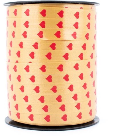 Krullint - cadeaulint - 10 mm x 250 meter - goud met rode hartjes