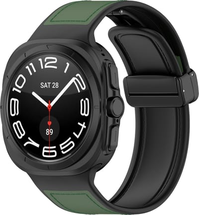 By Qubix - Compatible Samsung bandje - Hybrid leer + siliconen band - Donkergroen - Geschikt voor Samsung Galaxy Watch Ultra / Ultra 2 - 47mm