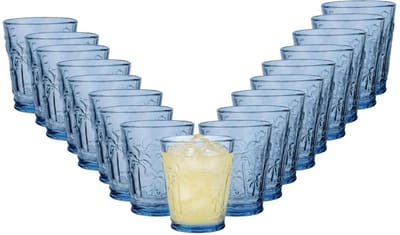 Vivalto Drinkglazen Tropical Palms - waterglazen - blauw transparant - glas - set 18x stuks - 290 ml - stapelbaar