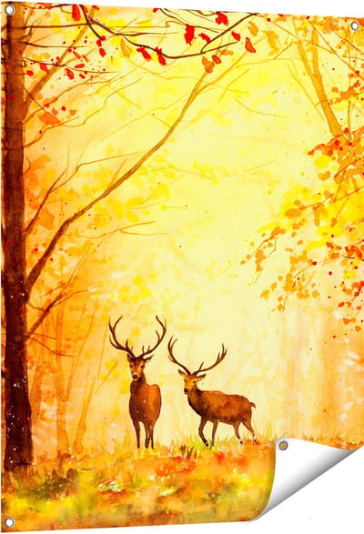 Gards Tuinposter Getekende Herten in het Bos - Herfst - 80x100 cm - Tuindoek - Tuindecoratie - Wanddecoratie buiten - Tuinschilderij