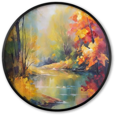Poster in lijst Rond - Fotolijst 60x60 cm - Posters - Landschap - Olieverf - Rivier - Kleurrijk - Ronde posterlijst zwart - Decoratie - Wanddecoratie woonkamer - Muurdecoratie slaapkamer