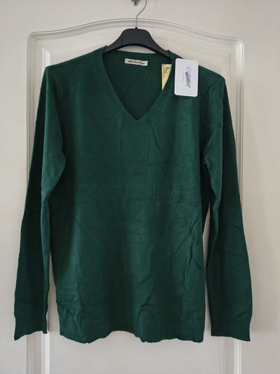 Dames warme trui Alida-V-hals-fijngebreid-effen groen-lange mouwen-maat M/L