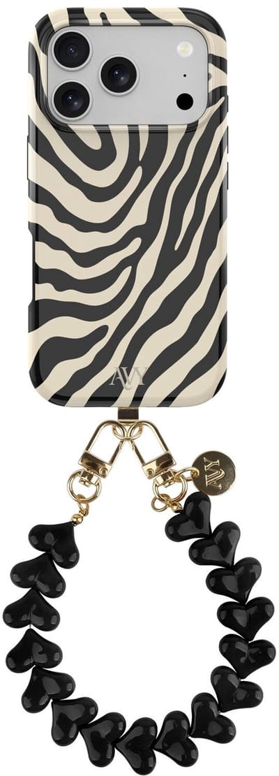 AVY Hoesje Met Telefoonkoord | Geschikt voor Apple iPhone 17 Pro Max | Compatibel met MagSafe | Hard Shell Back Cover | Stijlvol Bijpassend Koord 30CM | Zebra Hearts | Zwart & Wit