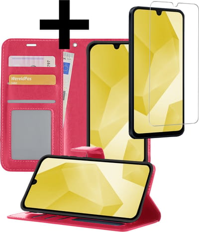 Hoesje - Met Screenprotector - Geschikt voor Samsung Galaxy A16 - Luxe Pasjeshouder - Bookcase Portemonee - Flip Case - Kunstleer Book Case - Flipcase - Book Cover - Walletcase - Portemonneehoes - Telefoonhoesjes - Donkerroze
