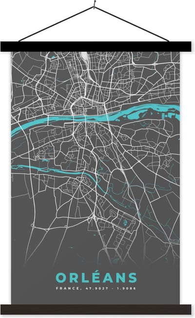 Posterhanger incl. Poster 40x60 cm - Schoolplaat - Orléans - Stadskaart - Kaart - Plattegrond - Frankrijk - Textielposter - Zwarte latten - Stadskaart